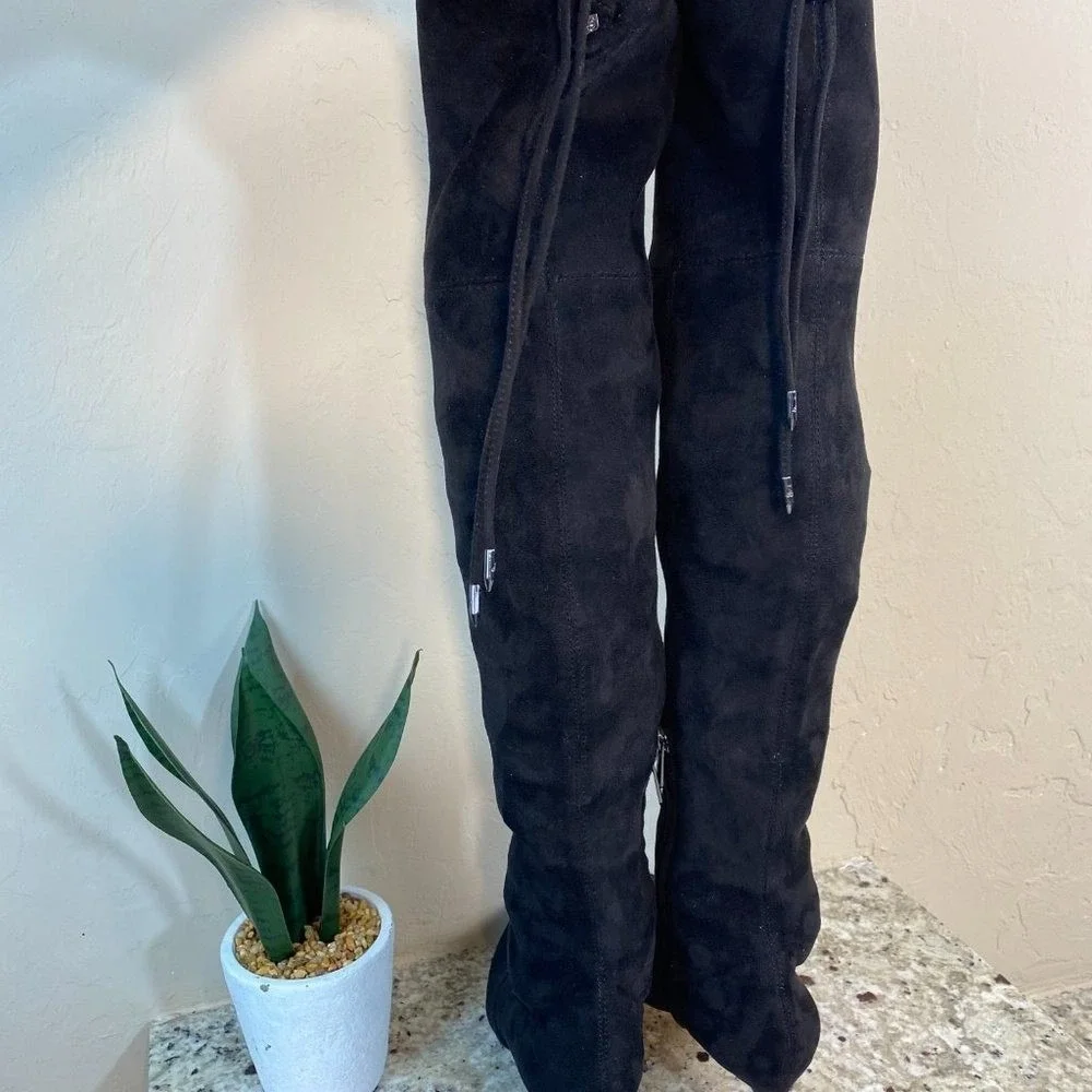 Sam Edelman Black Suede Over The Knee Kitten‎ Heel Boots Size 6 Pointed Toe Tie